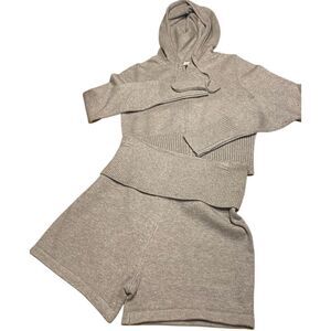 Orange Kiss Womens Taupe 2-Piece Full Zip Foldover Waist Hoodie Shorts Set Large